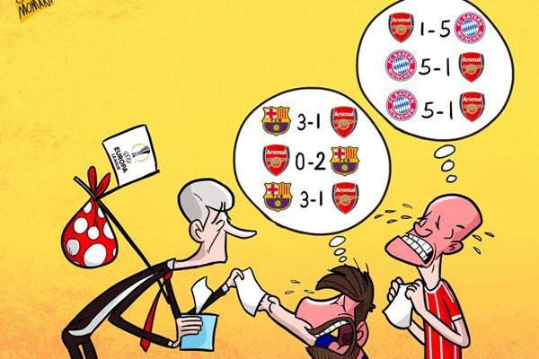 ناراحتی بارسلونا و بایرن مونیخ از آرسنال در لیگ قهرمانان اروپا + کارتون