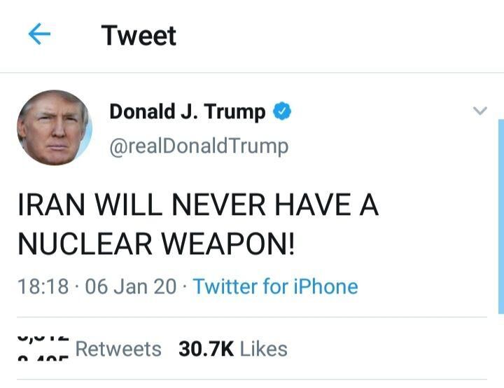 ترامپ: ایران هرگز بمب اتم نخواهد داشت
