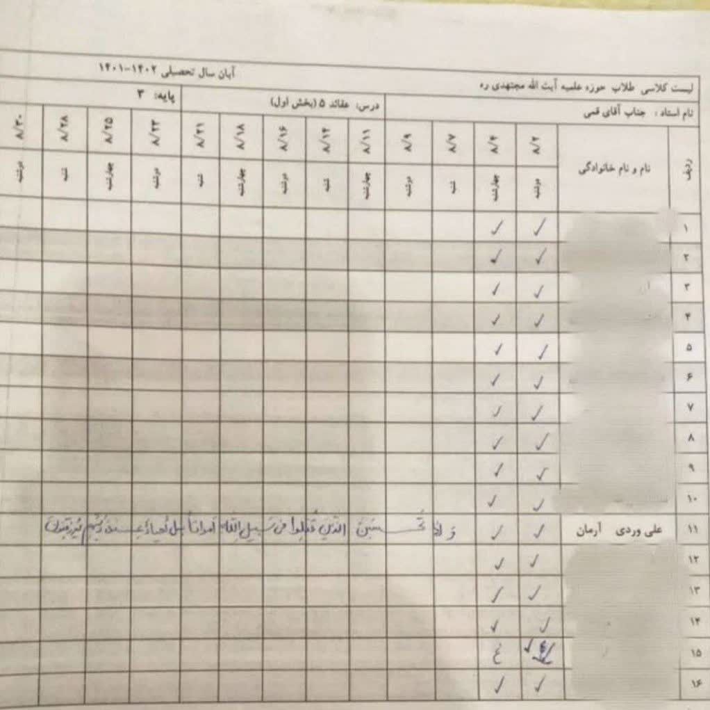 تلخترین برگه حضور و غیاب در حوزه علمیه آیتالله مجتهدی +عکس