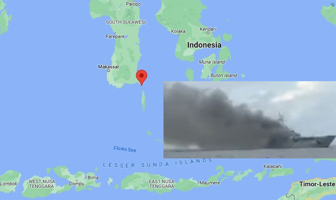 آتش گرفتن کشتی لجستیک نیروی دریایی اندونزی با ۱۱۹ خدمه