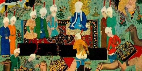 نگاره ای با عنوان ملاقات تاجران خراسان با امام محمد باقر(ع) و پرسیدن سوالات علمی خود؛ مربوط به هنرمند دوره تیموری که در کتابخانه ملی روسیه در سن پترزبورگ نگهداری میشود