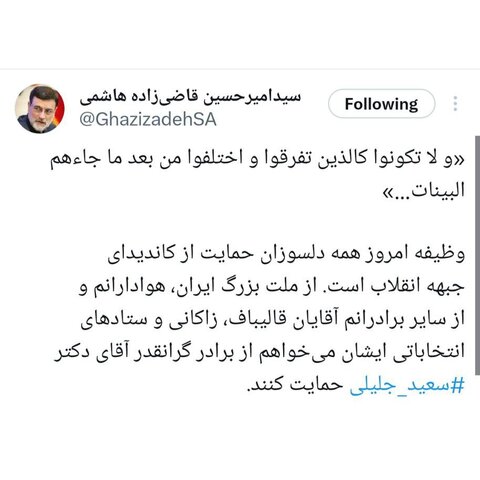 عکس| حمایت قاضیزاده هاشمی از جلیلی