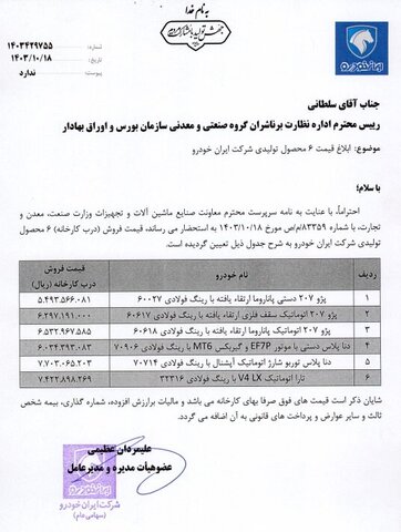 قیمت جدید ۶ محصول ایران خودرو اعلام شد