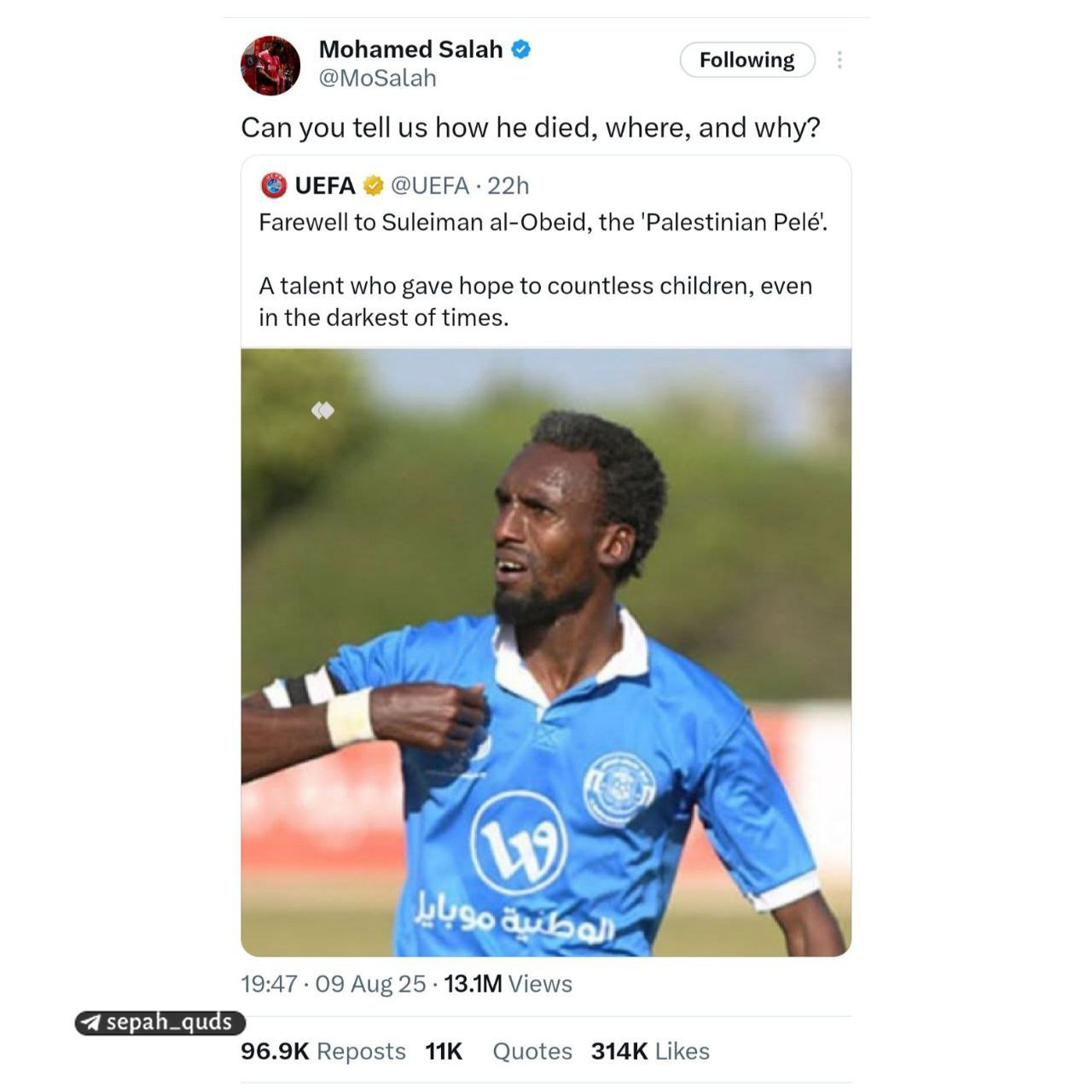 واکنش تند محمد صلاح به توئیت یوفا درباره شهادت «پله فلسطین»+ عکس