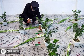 غبارروبی مزار شهدای بهشت ثامن الائمه(ع) توسط خادمان رضوی