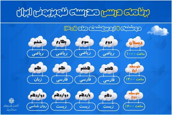 اعلام برنامه درسی مدرسه‌ تلویزیونی‌ ایران برای دوشنبه ۷ اردیبهشت