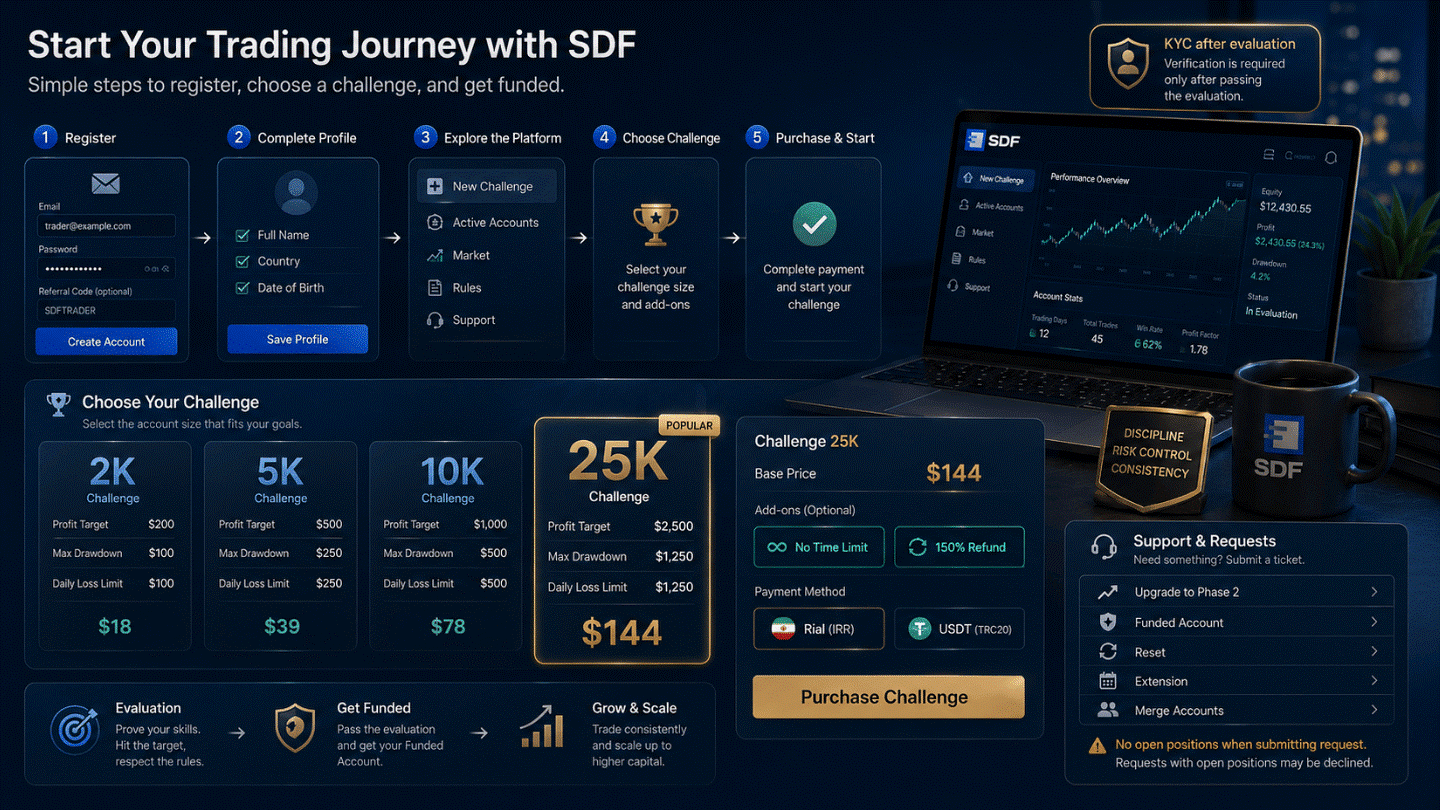 پراپ فرم SDF؛ مسیر ثبت نام تا دریافت حساب ۲۵ هزار دلاری