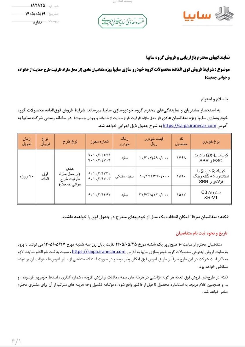 شرایط فروش فوق العاده محصولات گروه خودروسازی سایپا