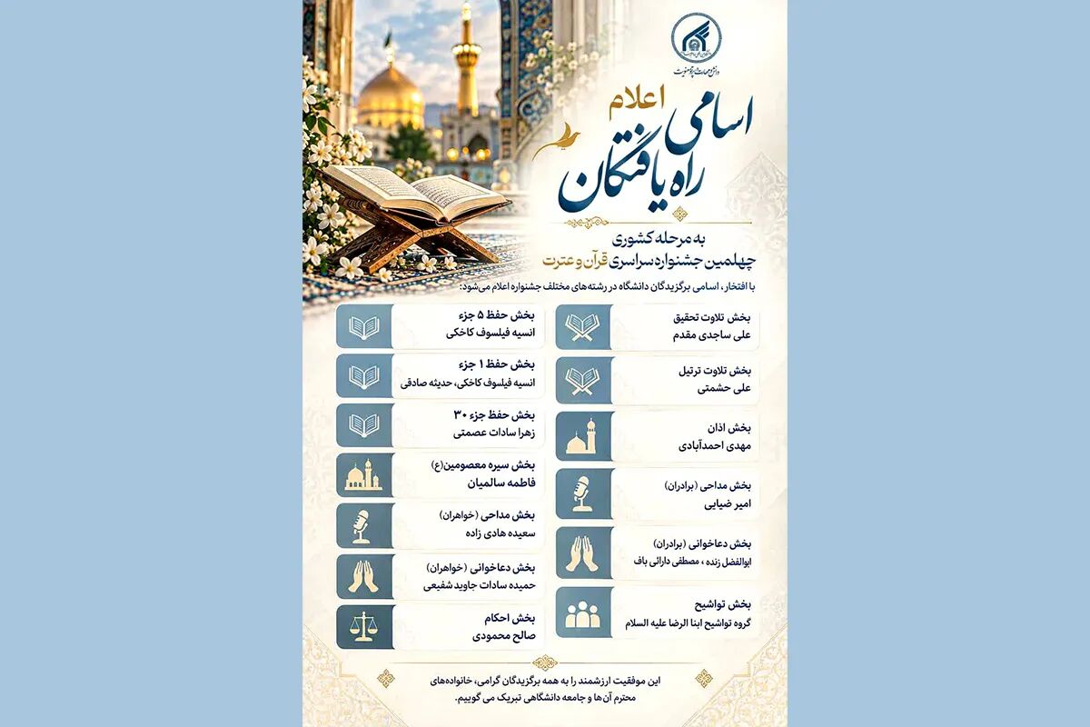دانشجویان دانشگاه امام رضا (ع) به مرحله کشوری جشنواره قرآن و عترت راه یافتند